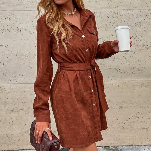 Rust Brown Casual Womens Corduroy Solid Belted Shirt Dress - Picture 2 of 6